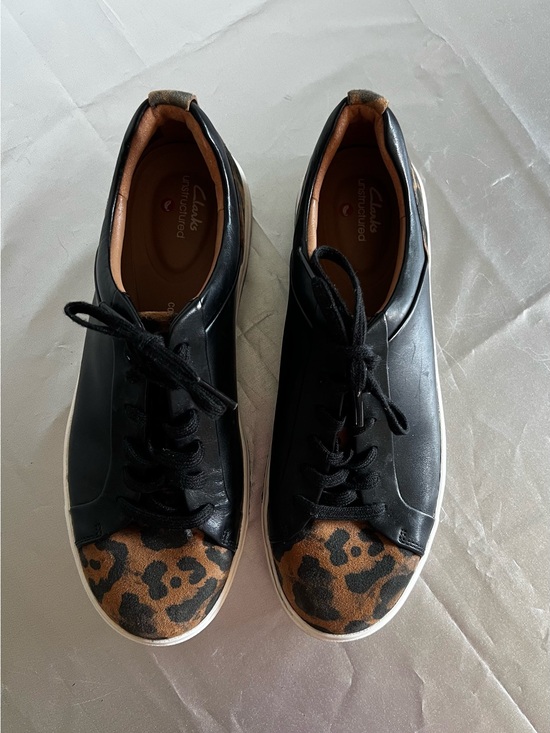 Clarks Shoes - Clarks Women's Black Leather Sneakers with Leopard-Print Toe